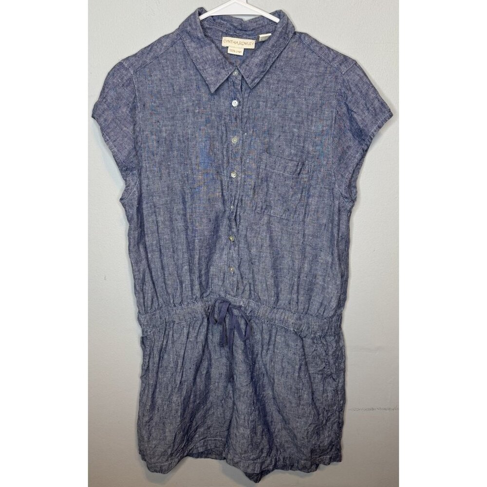 Cynthia Rowley Linen Romper Medium Blue Short Sleeve Collared Button Front